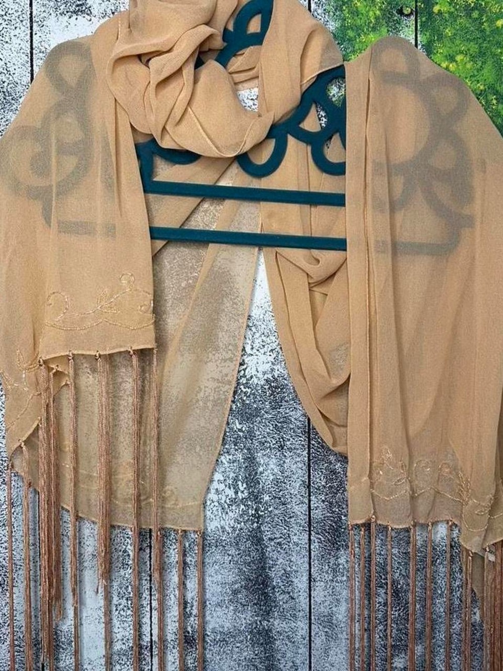 Sheer Tan Fringe Scarf Shawl With Beaded Embroidery
